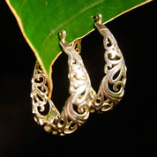 Vintage Sterling Silver Filigree Oval Hoop Earrings, Pierced Basket Hoop Earrings, Art Nouveau Vine/Scroll Designs, 925 Earrings, 1 3/8" L