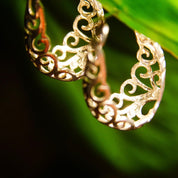 Vintage Sterling Silver Filigree Oval Hoop Earrings, Pierced Basket Hoop Earrings, Art Nouveau Vine/Scroll Designs, 925 Earrings, 1 3/8" L
