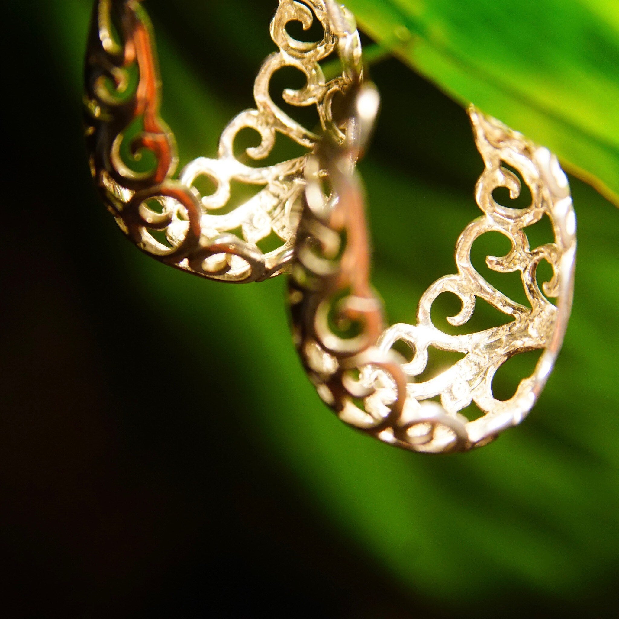 Vintage Sterling Silver Filigree Oval Hoop Earrings, Pierced Basket Hoop Earrings, Art Nouveau Vine/Scroll Designs, 925 Earrings, 1 3/8" L