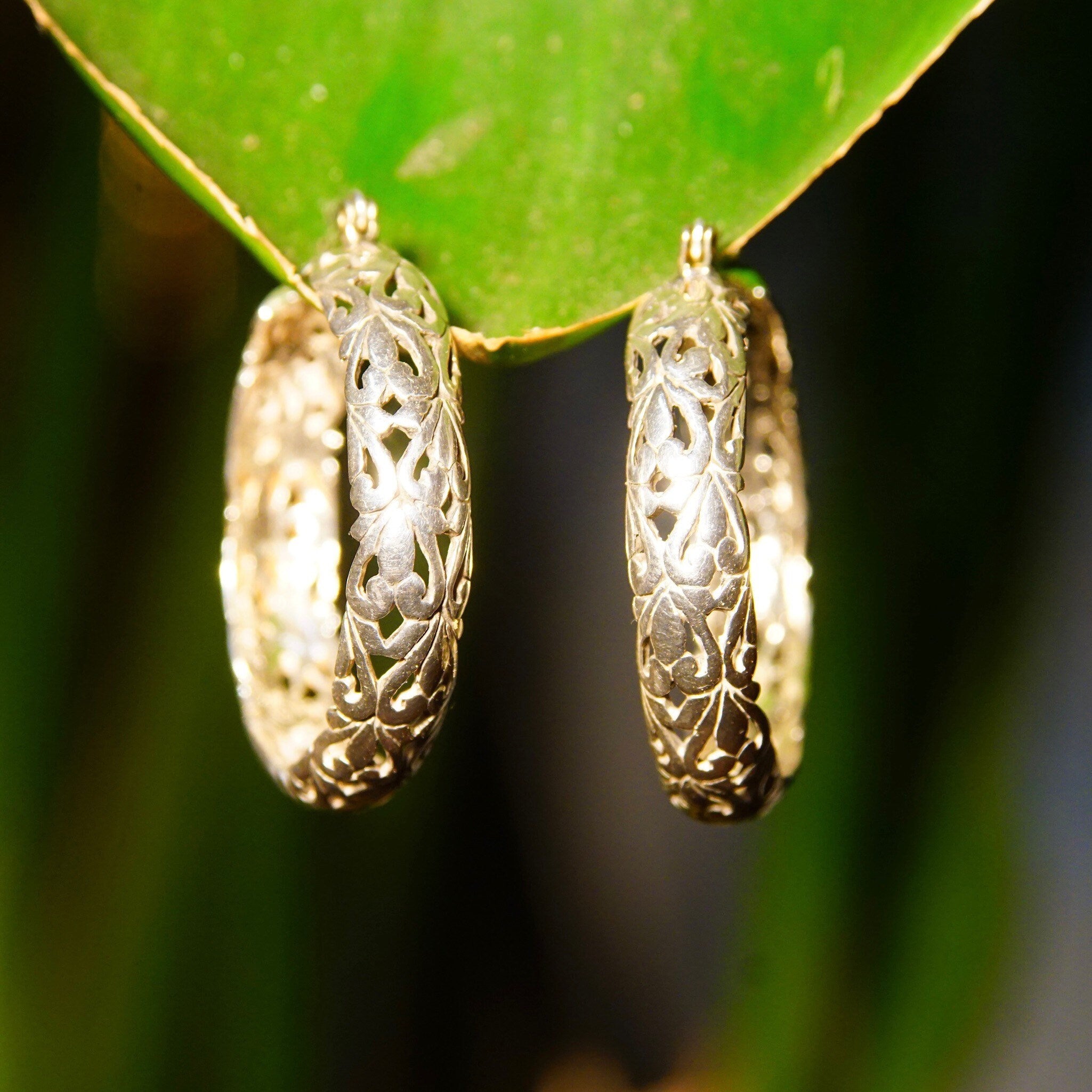 Vintage Sterling Silver Filigree Hoop Earrings, Round Pierced Hoops, Floral Art Nouveau Designs, Medium 925 Hoops, Lightweight, 33mm