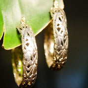 Vintage Sterling Silver Filigree Hoop Earrings, Round Pierced Hoops, Floral Art Nouveau Designs, Medium 925 Hoops, Lightweight, 33mm
