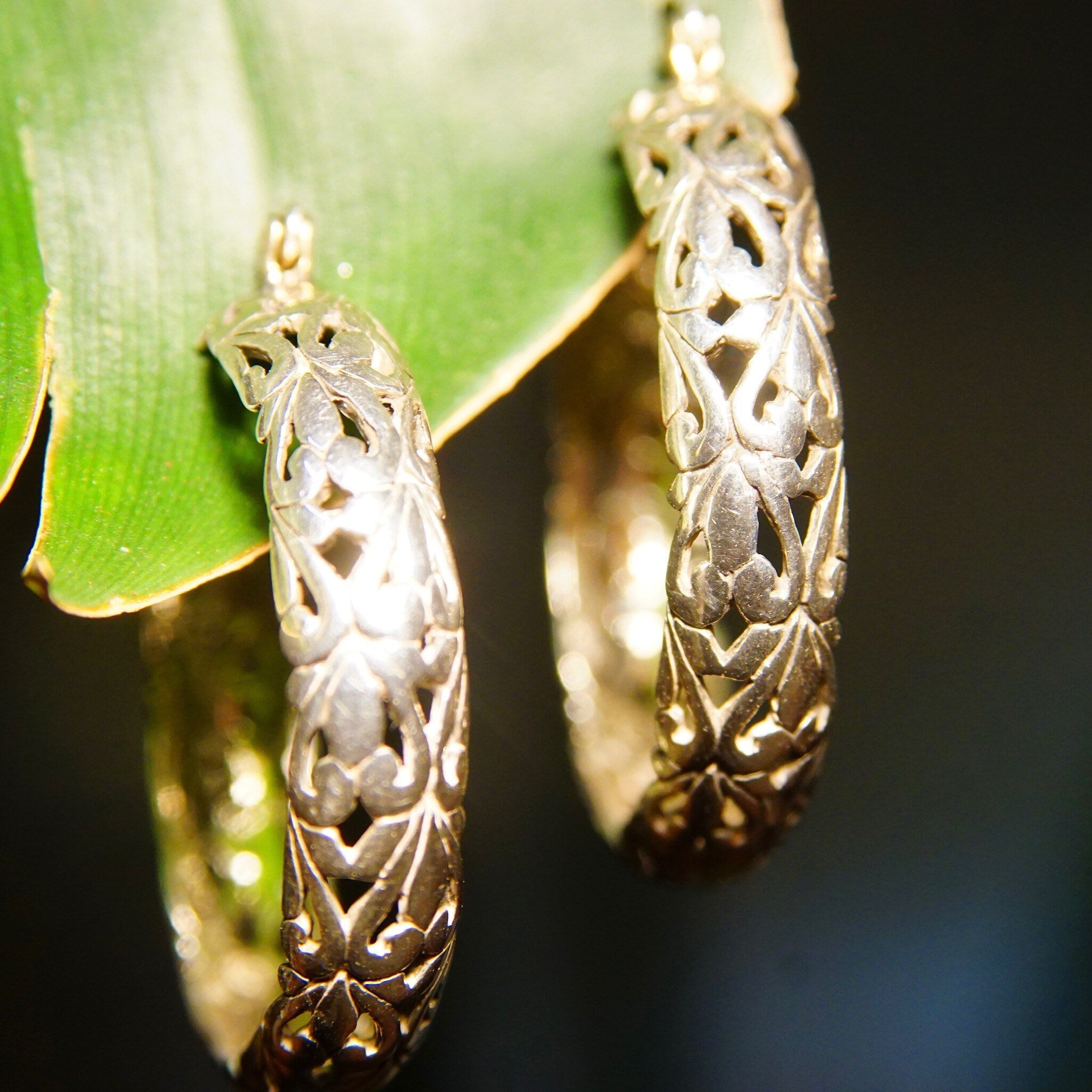 Vintage Sterling Silver Filigree Hoop Earrings, Round Pierced Hoops, Floral Art Nouveau Designs, Medium 925 Hoops, Lightweight, 33mm