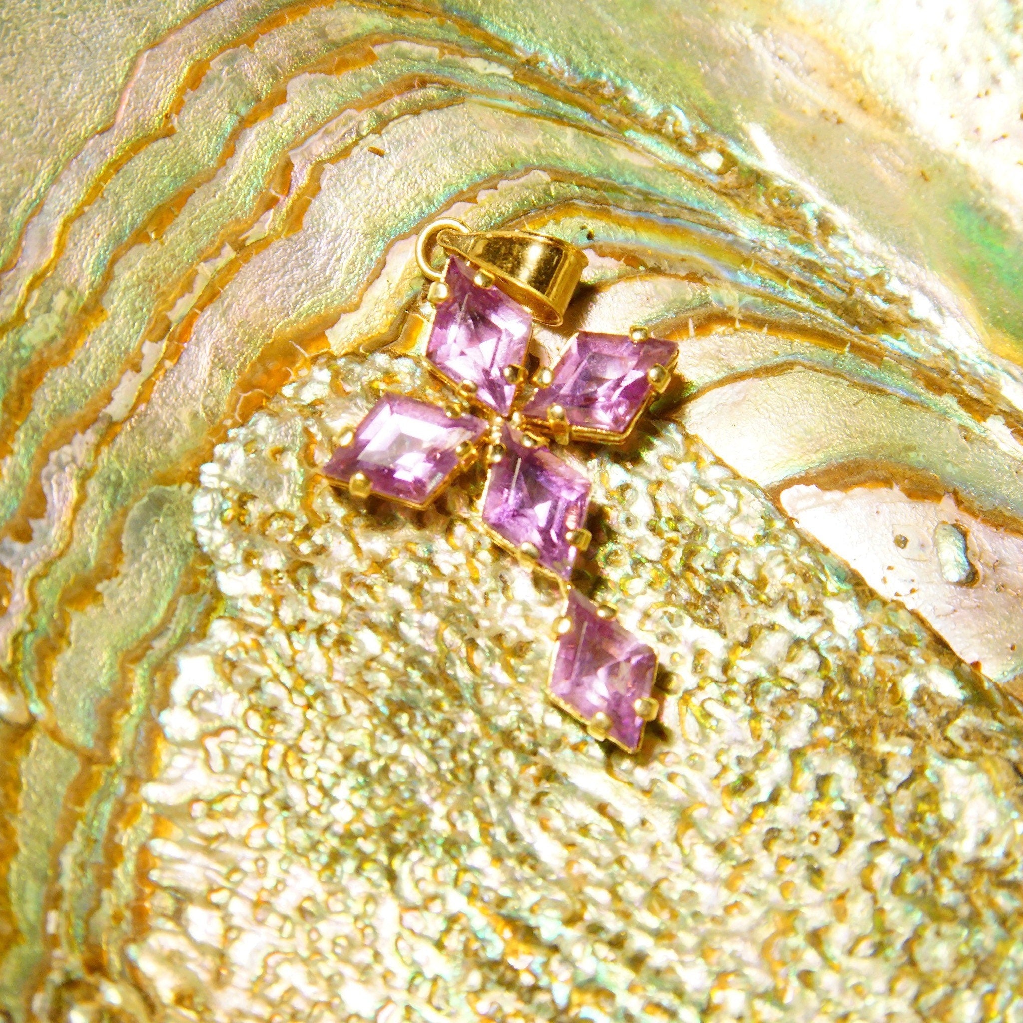 Vintage Mexico 14K Gold Amethyst Cross Pendant, Lozenge-Cut Gemstone Cross Pendant, Yellow Gold Bail, 585 Accessories, 36mm x 20mm