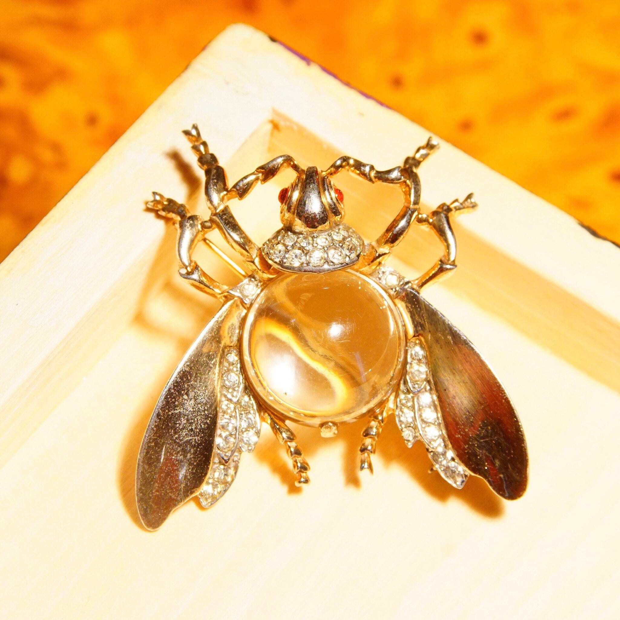 Vintage Trifari Sterling Jelly Belly Fly Brooch, Alfred Philippe Design, Lucite Cabochon, Gilt Silver, Clear & Red Rhinestones, 2" L 2