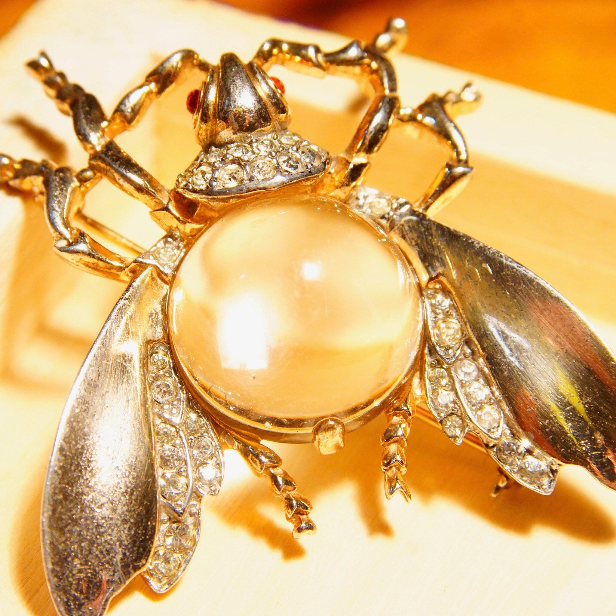 Vintage Trifari Sterling Jelly Belly Fly Brooch, Alfred Philippe Design, Lucite Cabochon, Gilt Silver, Clear & Red Rhinestones, 2" L 2