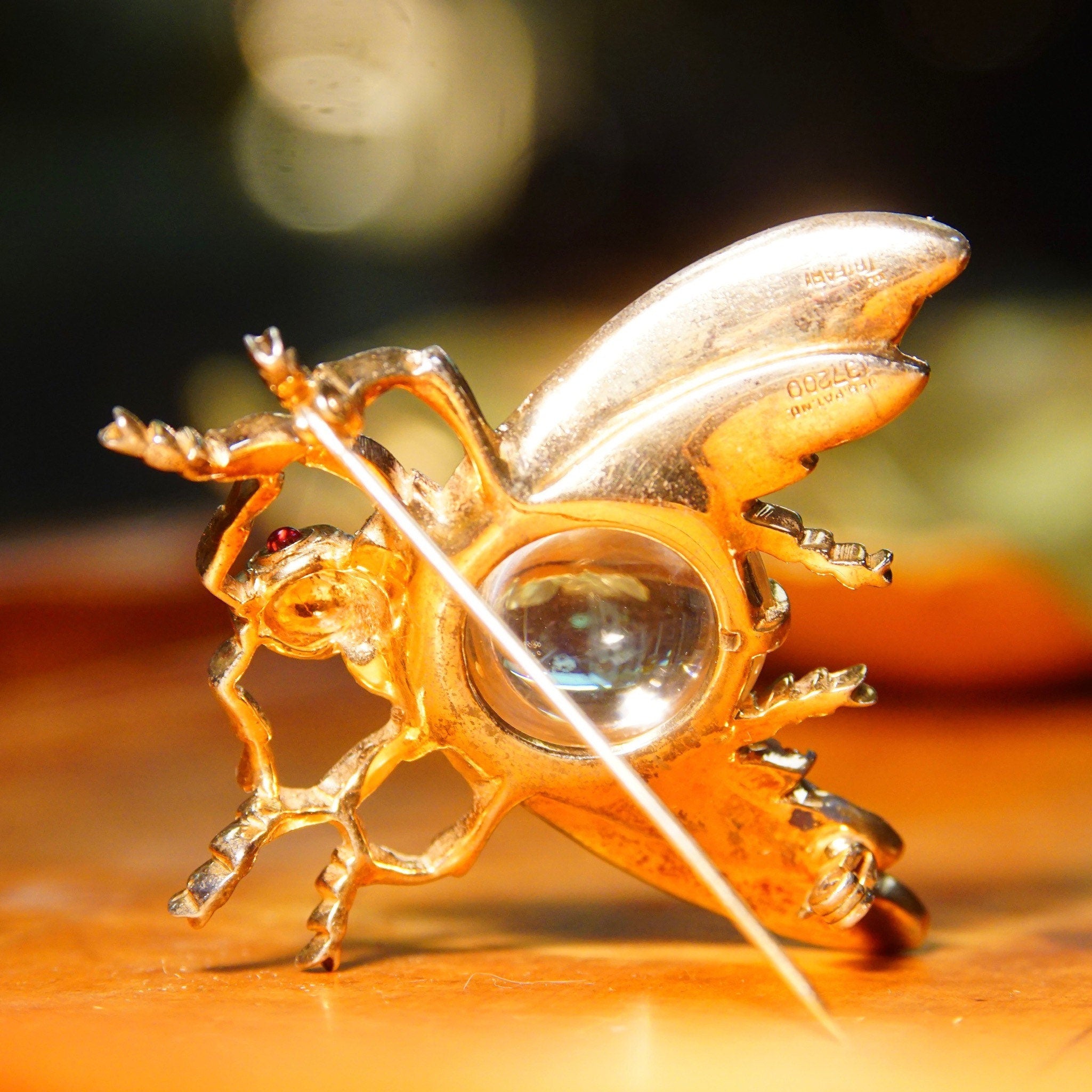 Vintage Trifari Sterling Jelly Belly Fly Brooch, Alfred Philippe Design, Lucite Cabochon, Gilt Silver, Clear & Red Rhinestones, 2" L 2