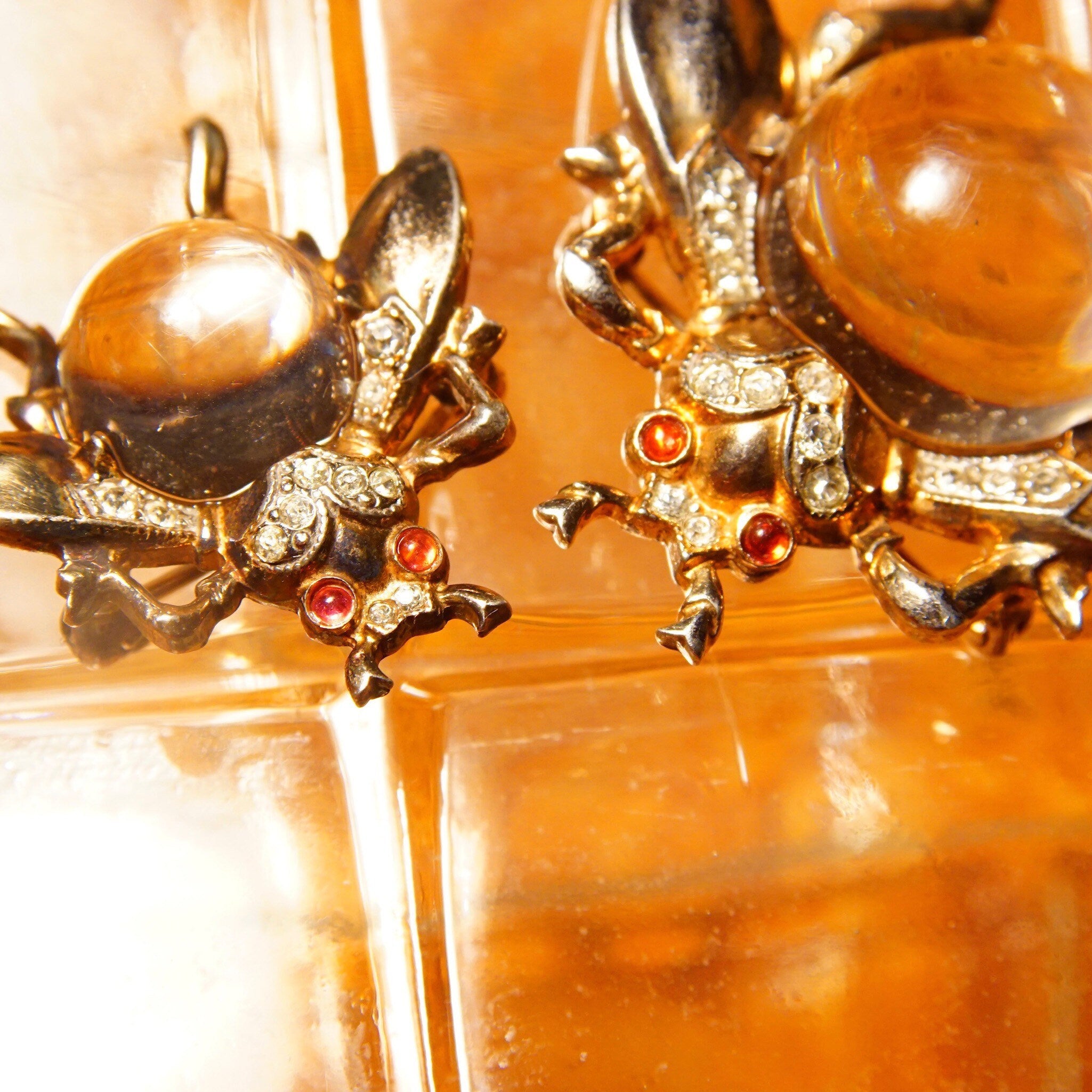 Vintage Crown Trifari Sterling Jelly Belly Fly Brooches (2), Alfred Philippe Design, Lucite Cabochon, Gilt Silver, Clear & Red Rhinestones