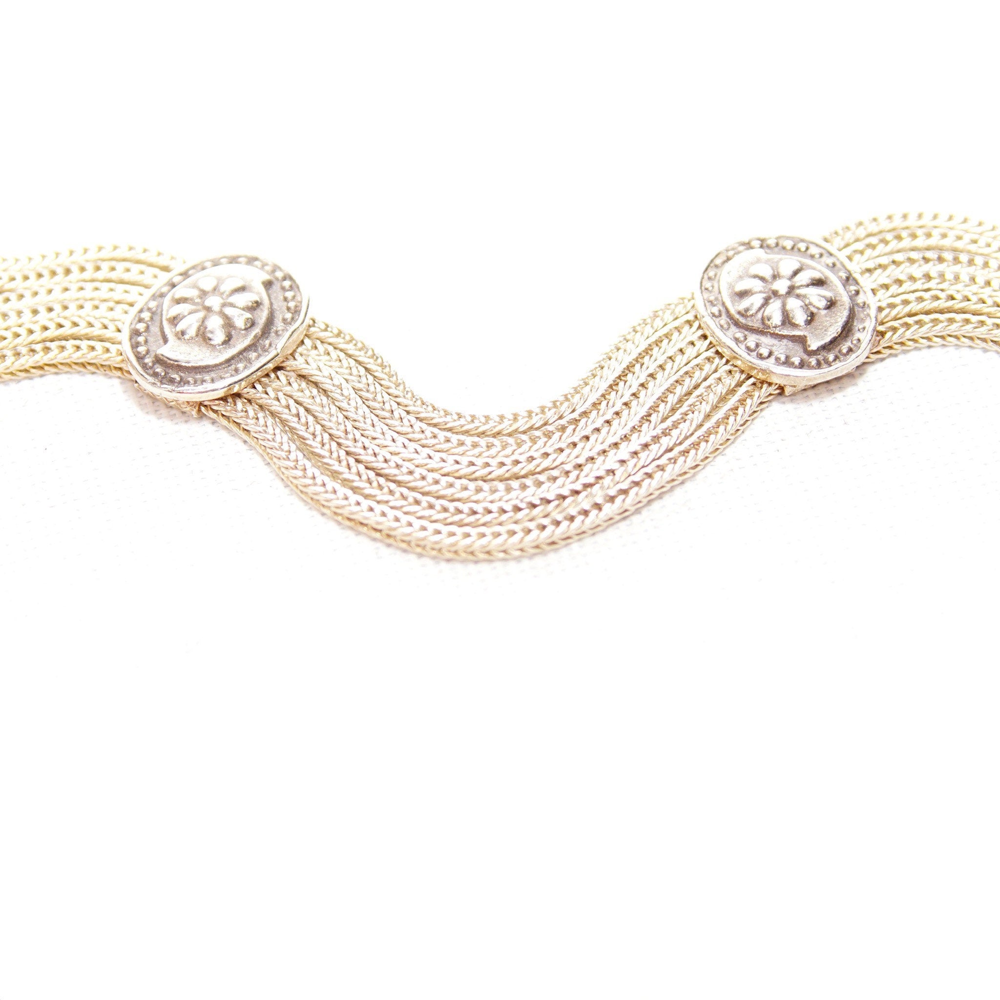Vintage 900 Silver Festoon Necklace, 6-Strand Foxtail Chain Station Necklace, Floral Link Embellishments, Statement Necklace, 16 1/2" Long