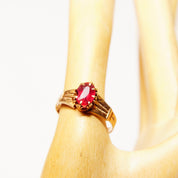 Antique 14K Gold Ruby Solitaire Ring, Hand Engraved Yellow Gold Band, Ornate Crown Prong Setting, Oval Cut Gemstone, Size 3 3/4 US