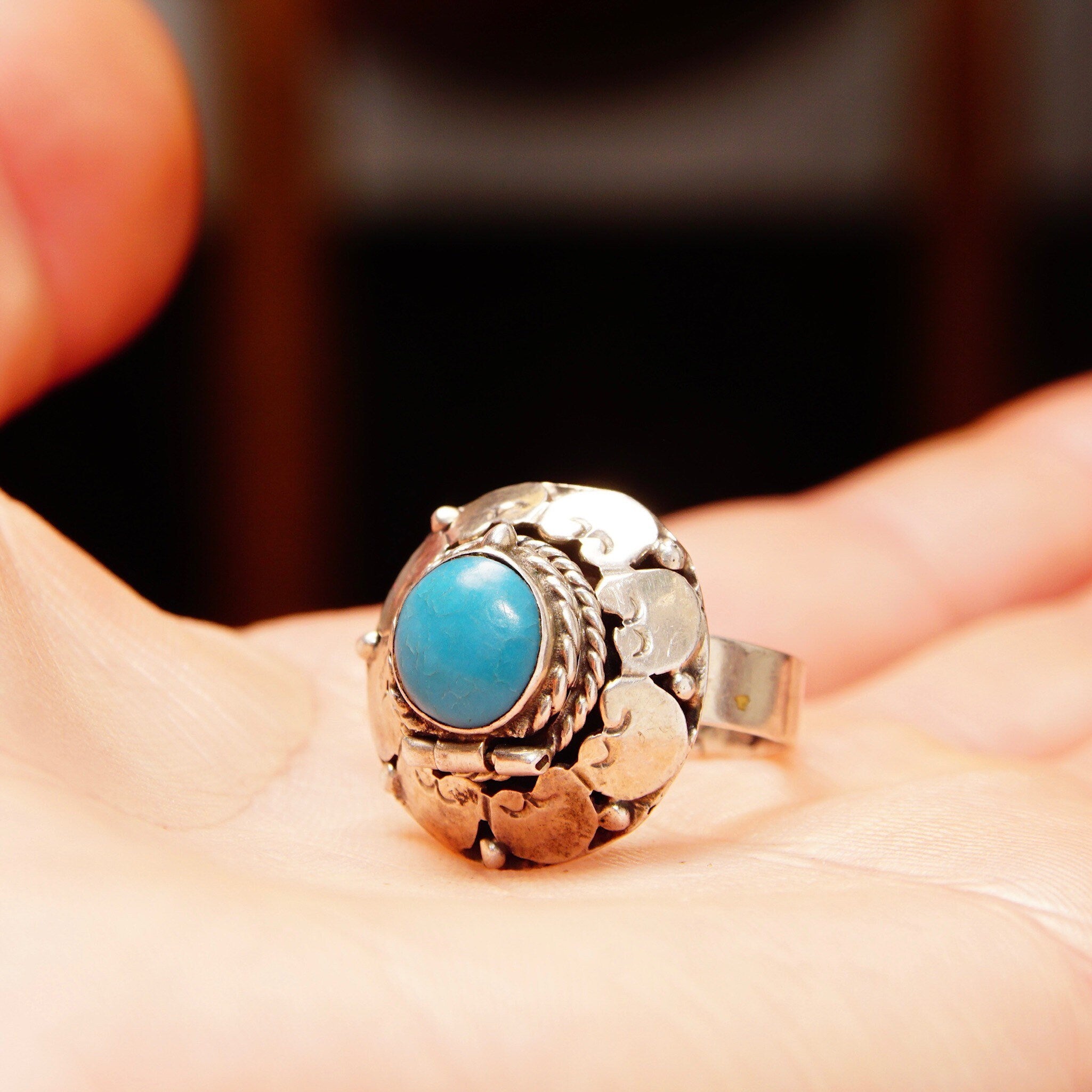 Vintage TAXCO Sterling Silver Turquoise Poison/Coffin Ring, Embellished Silver Dome W/ Secret Compartment, Bezel Set Hinge Lid, Adjustable