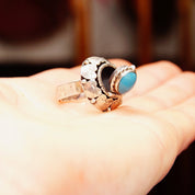 Vintage TAXCO Sterling Silver Turquoise Poison/Coffin Ring, Embellished Silver Dome W/ Secret Compartment, Bezel Set Hinge Lid, Adjustable