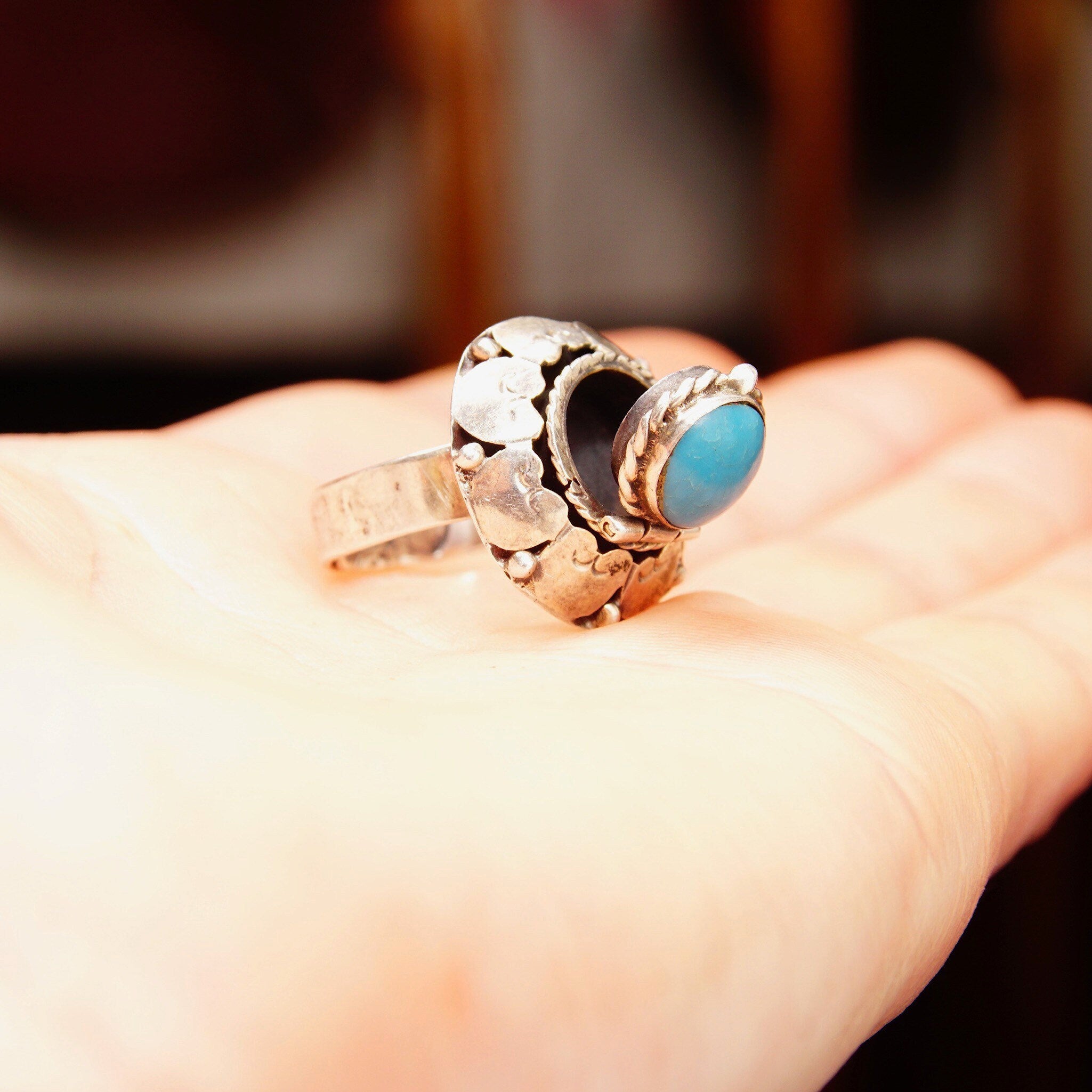Vintage TAXCO Sterling Silver Turquoise Poison/Coffin Ring, Embellished Silver Dome W/ Secret Compartment, Bezel Set Hinge Lid, Adjustable