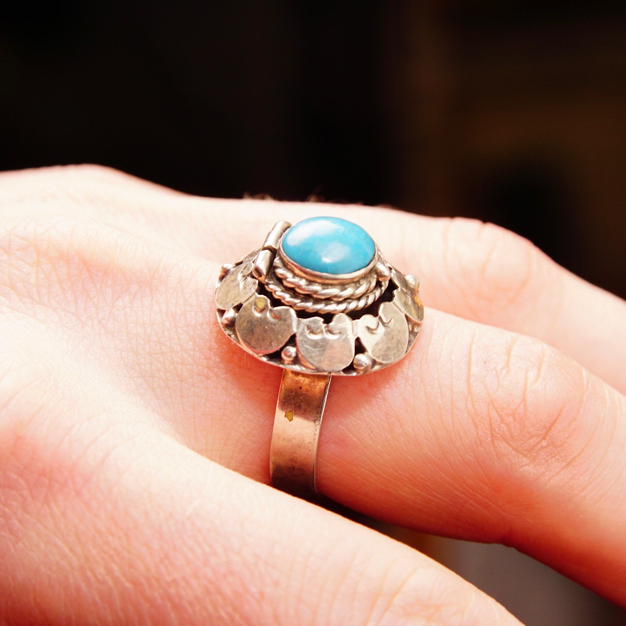 Vintage TAXCO Sterling Silver Turquoise Poison/Coffin Ring, Embellished Silver Dome W/ Secret Compartment, Bezel Set Hinge Lid, Adjustable