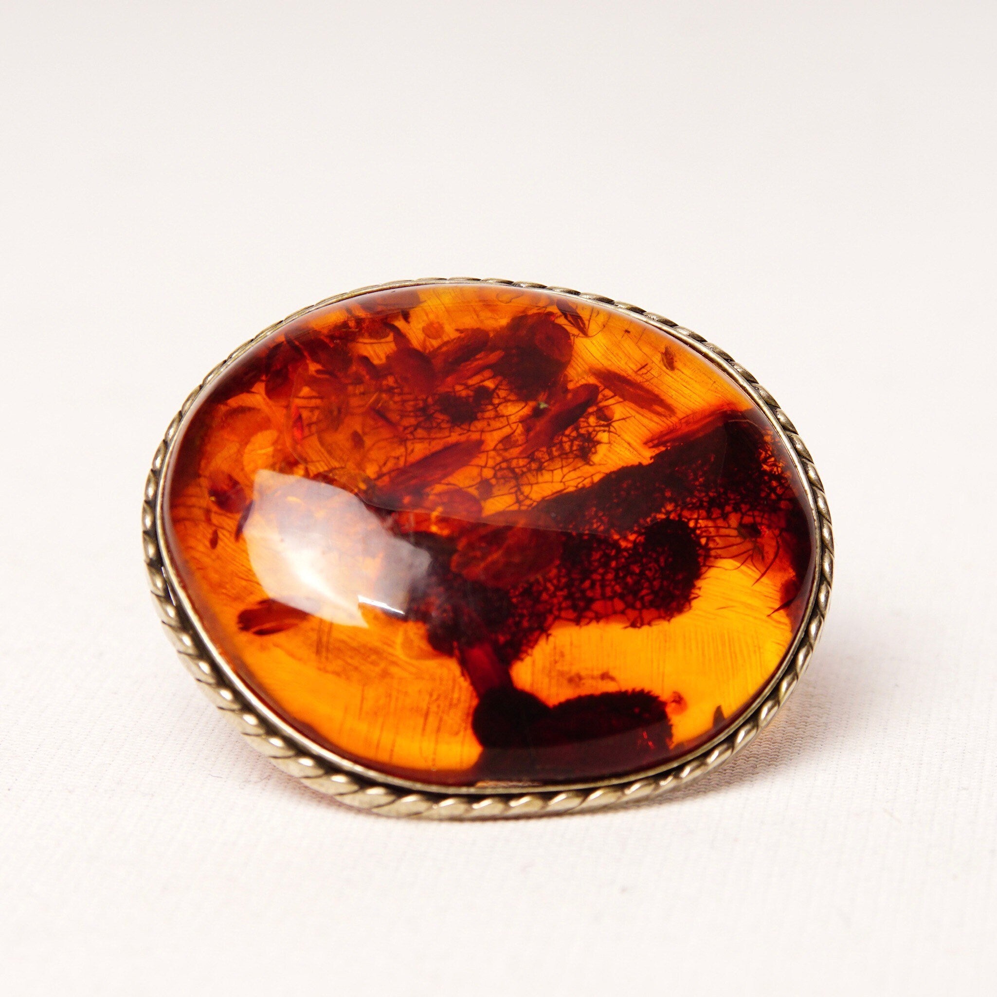 Vintage Silver Honey Amber Brooch, Large Natural Fossilized Amber, Amazing Inclusions, Oval Silver Ribbon Setting,