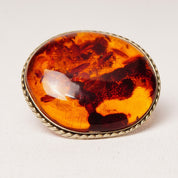 Vintage Silver Honey Amber Brooch, Large Natural Fossilized Amber, Amazing Inclusions, Oval Silver Ribbon Setting,