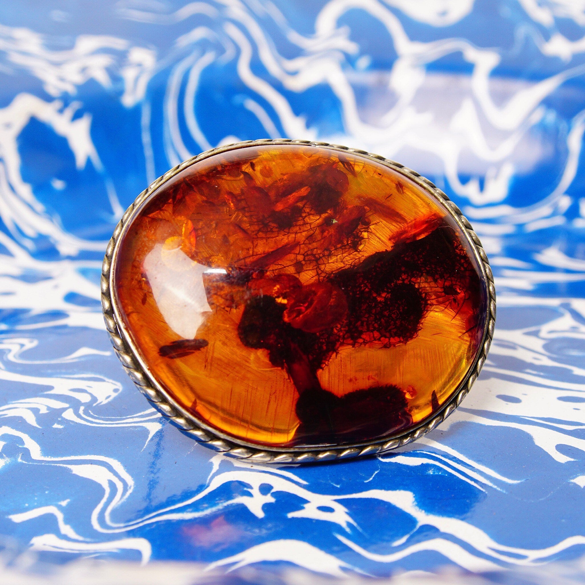 Vintage Silver Honey Amber Brooch, Large Natural Fossilized Amber, Amazing Inclusions, Oval Silver Ribbon Setting,