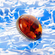 Vintage Silver Honey Amber Brooch, Large Natural Fossilized Amber, Amazing Inclusions, Oval Silver Ribbon Setting,