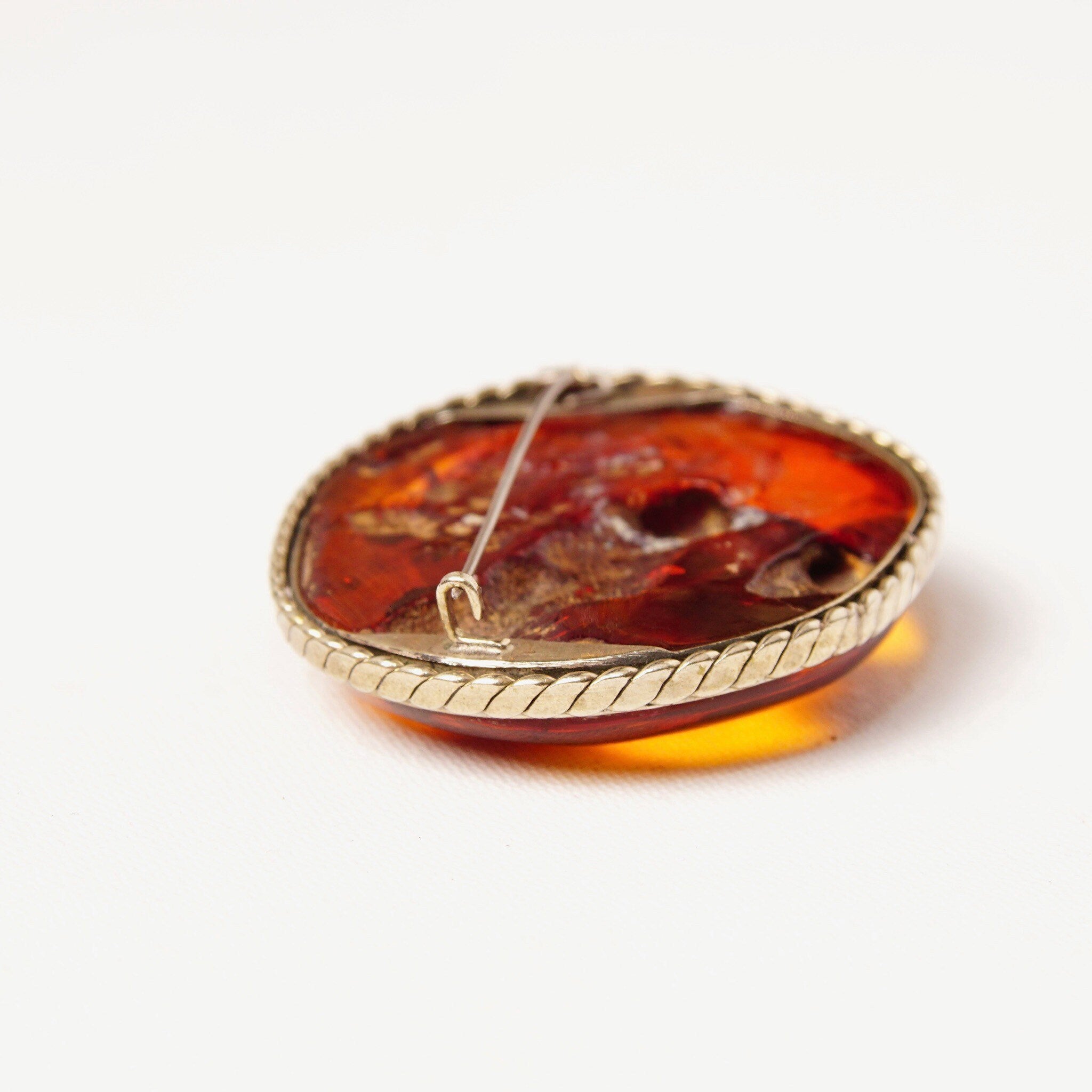 Vintage Silver Honey Amber Brooch, Large Natural Fossilized Amber, Amazing Inclusions, Oval Silver Ribbon Setting,