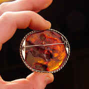 Vintage Silver Honey Amber Brooch, Large Natural Fossilized Amber, Amazing Inclusions, Oval Silver Ribbon Setting,