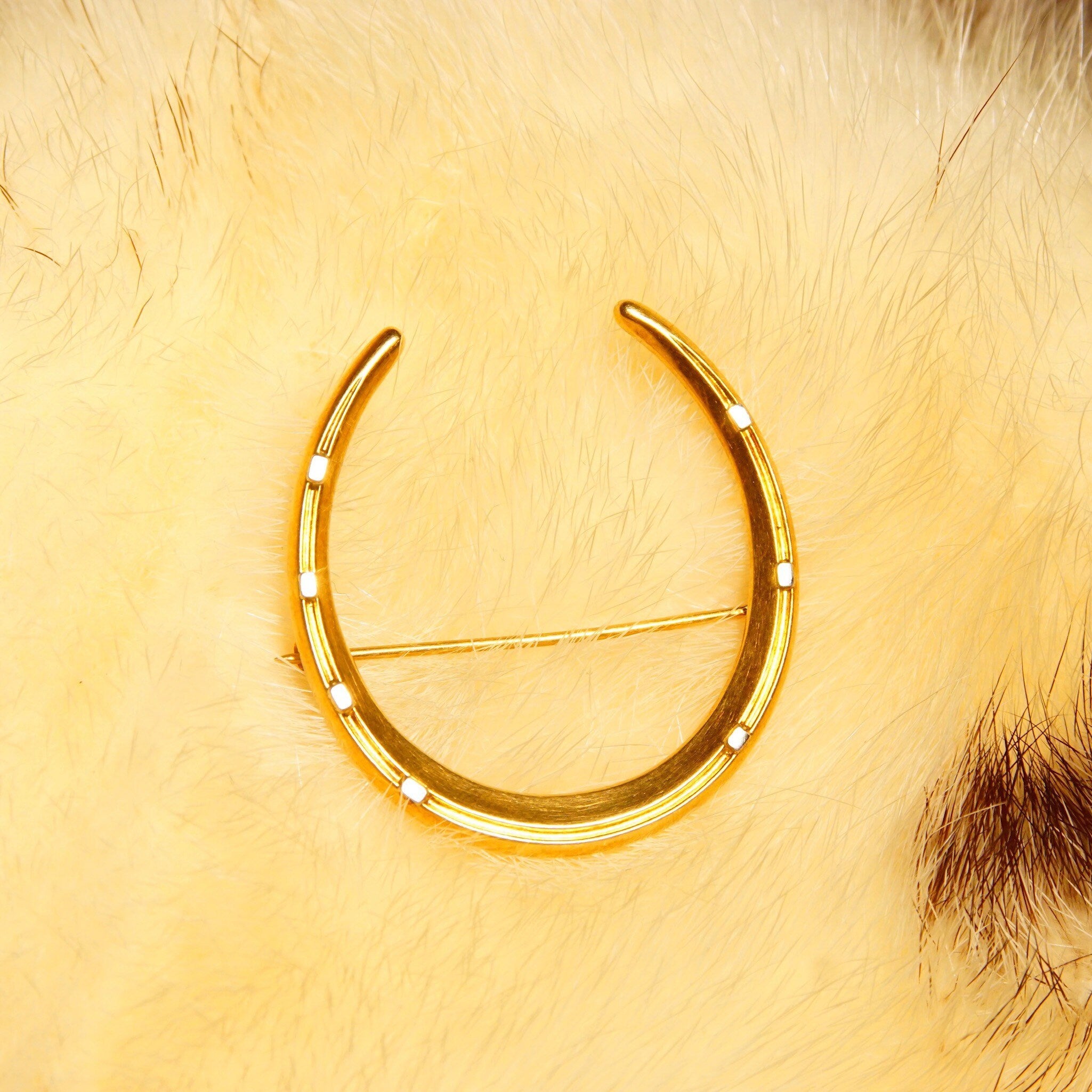 Antique 14K Gold & Platinum Horseshoe Brooch, Large Victorian Horseshoe Pin, Platinum Nail Heads, Riker Brothers, Equestrian, 1 5/8" L