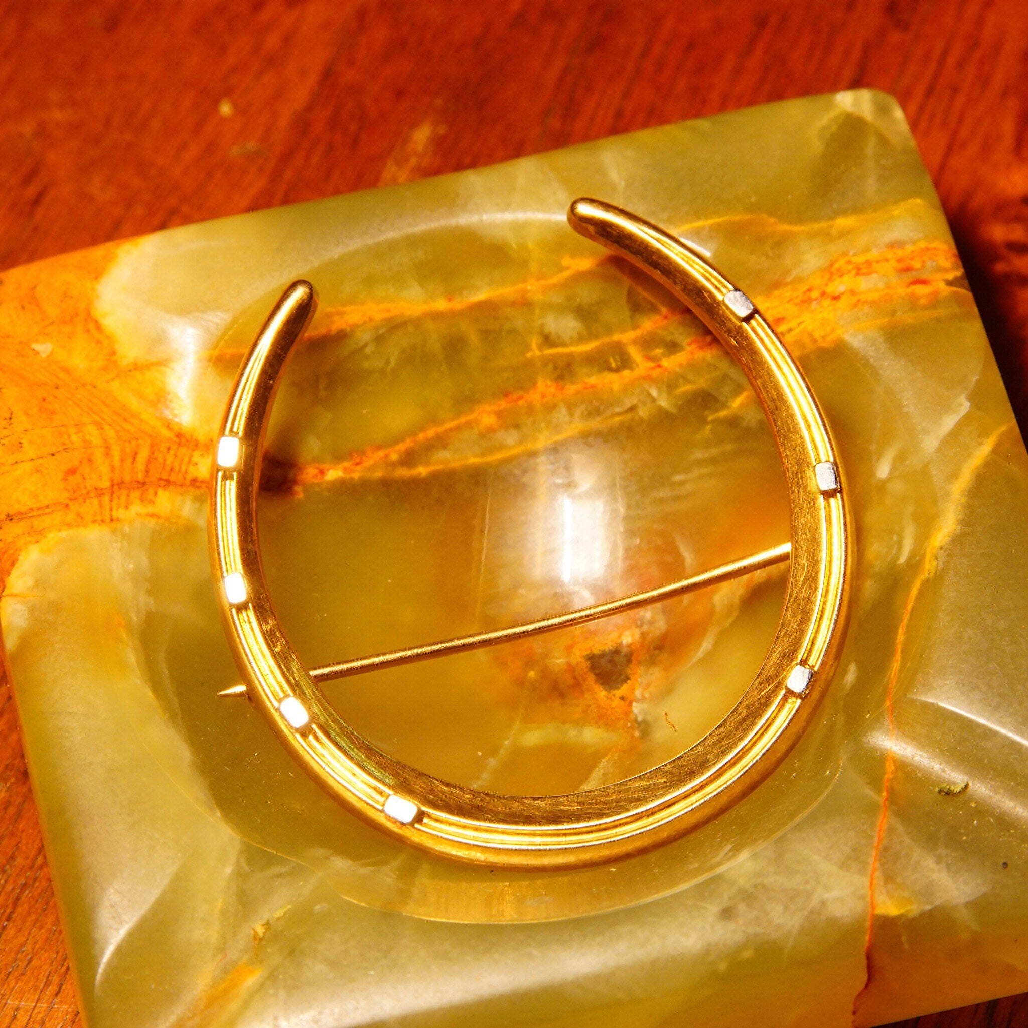 Antique 14K Gold & Platinum Horseshoe Brooch, Large Victorian Horseshoe Pin, Platinum Nail Heads, Riker Brothers, Equestrian, 1 5/8" L