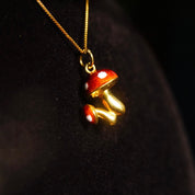 Vintage 18K Gold Enameled Mushroom Charm Necklace, Red & White Enamel, Magic Mushrooms, .8mm Yellow Gold Box Chain, 750 Jewelry, 18 1/2" L