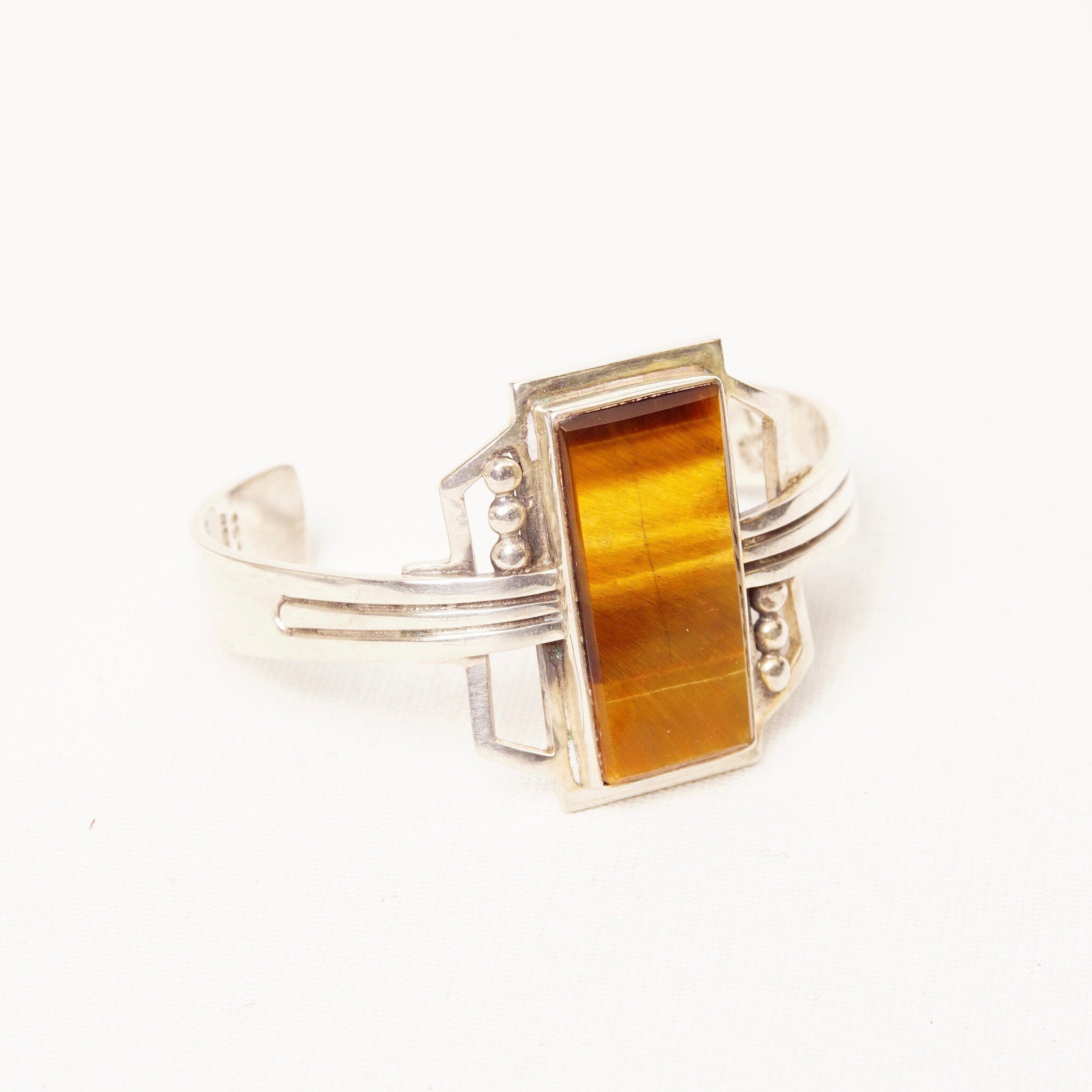 Vintage TAXCO Sterling Silver Tigers Eye Cuff Bracelet, Modernist Cuff, Polished Rectangular Gemstone, Engraved Mexico 925, 5 1/8" L