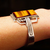 Vintage TAXCO Sterling Silver Tigers Eye Cuff Bracelet, Modernist Cuff, Polished Rectangular Gemstone, Engraved Mexico 925, 5 1/8" L