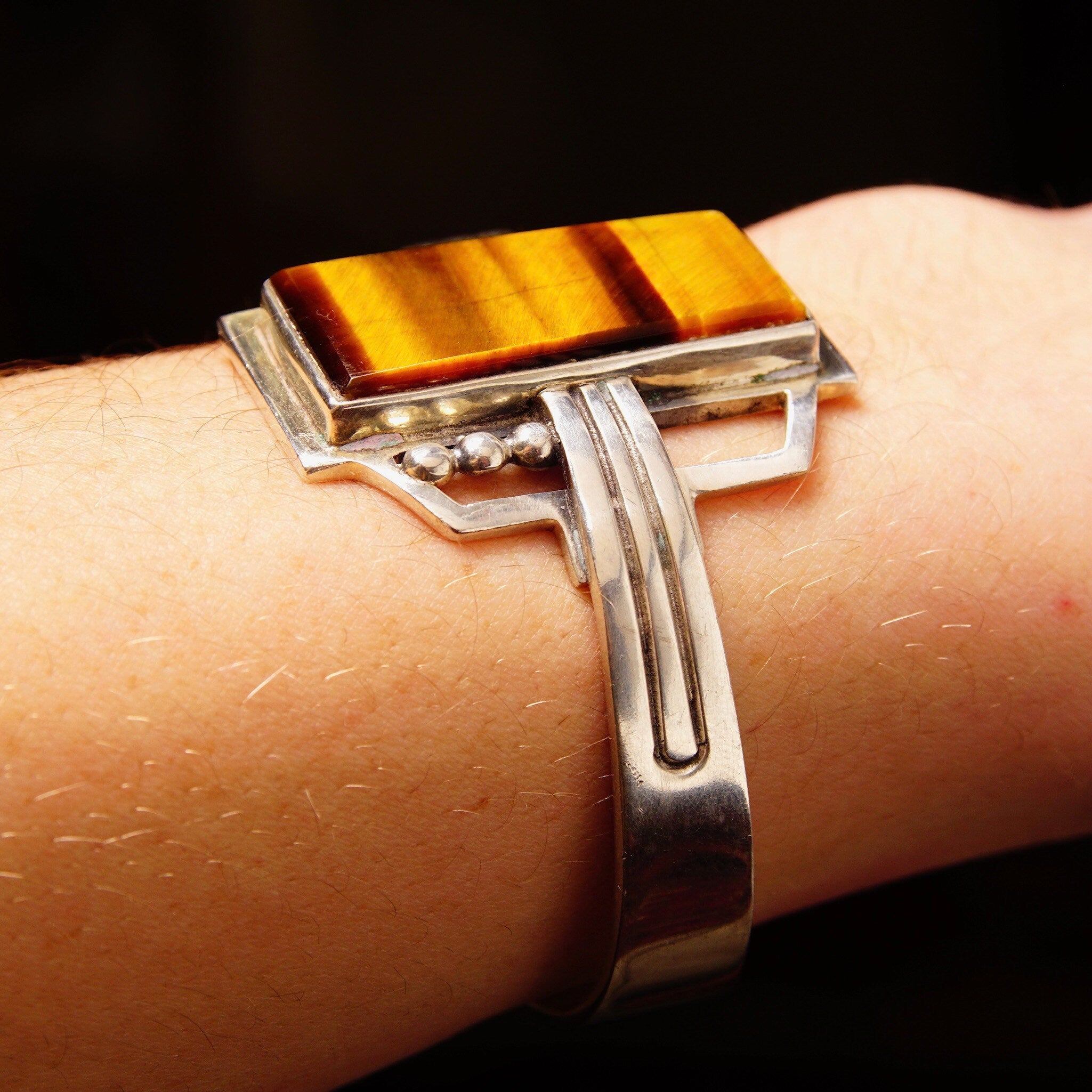Vintage TAXCO Sterling Silver Tigers Eye Cuff Bracelet, Modernist Cuff, Polished Rectangular Gemstone, Engraved Mexico 925, 5 1/8" L