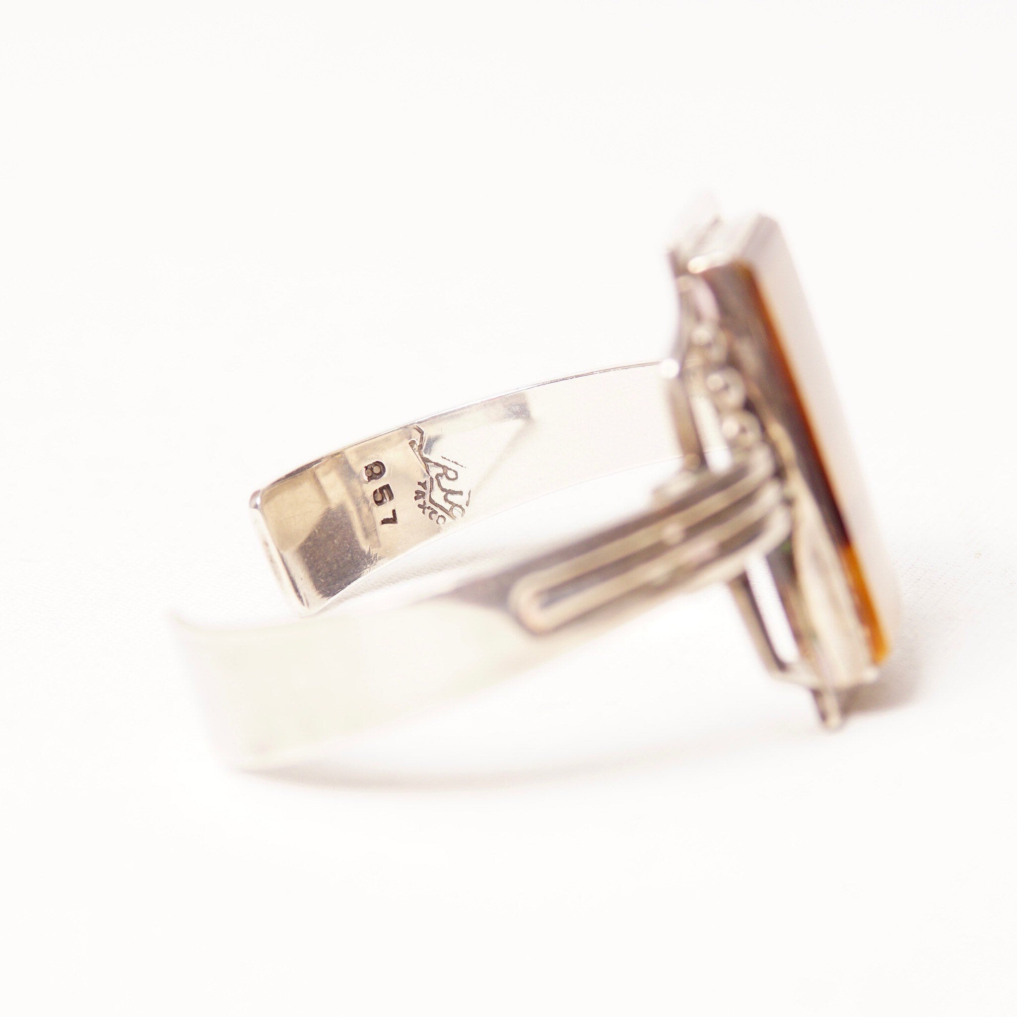 Vintage TAXCO Sterling Silver Tigers Eye Cuff Bracelet, Modernist Cuff, Polished Rectangular Gemstone, Engraved Mexico 925, 5 1/8" L