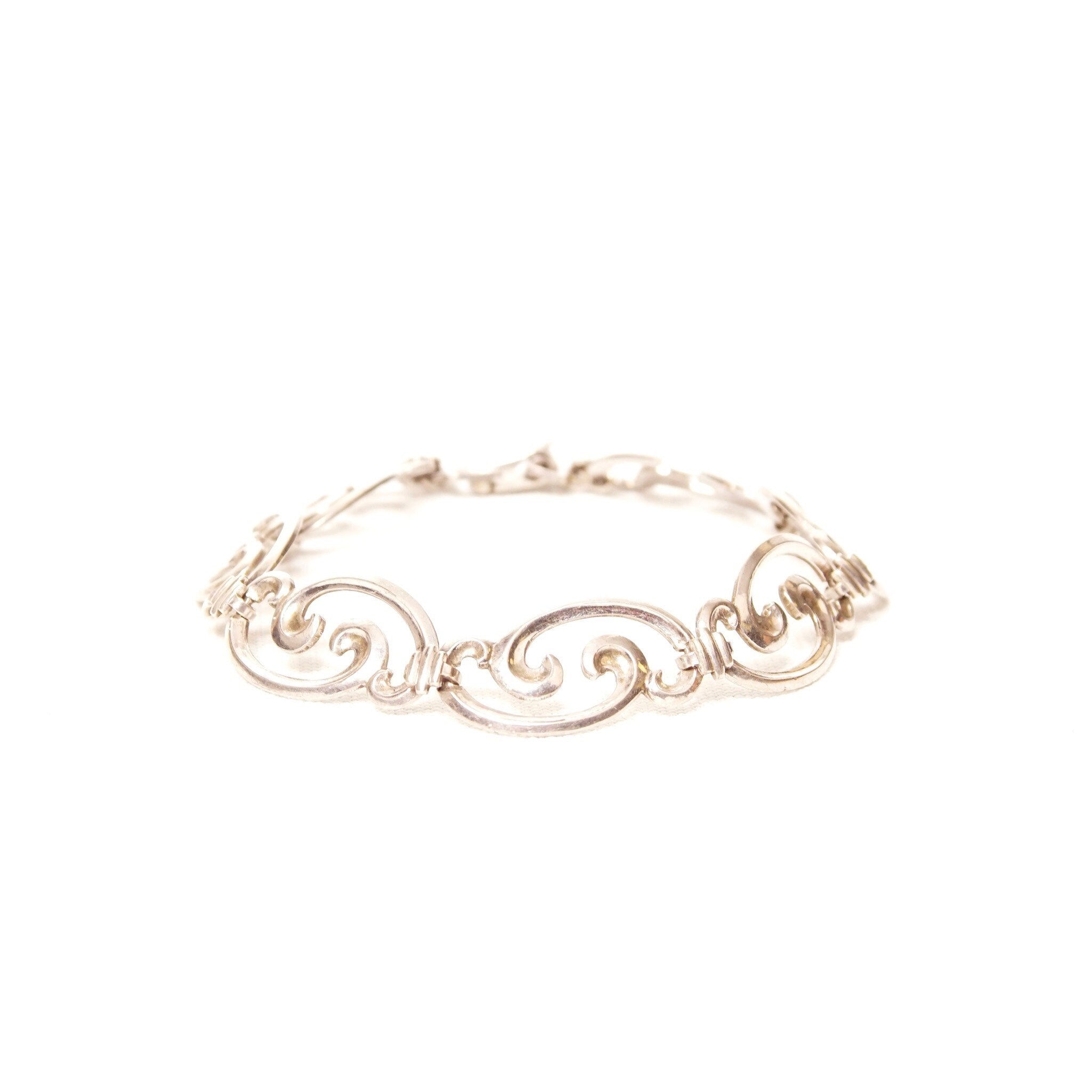 Vintage WRE Sterling Silver Scroll Link Bracelet, W.E Richards, Embellished Silver Bracelet, Art Deco/Nouveau Style, 925 Jewelry, 7 1/4" L