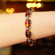 Vintage Sterling Silver Amber Link Bracelet, 10 Gorgeous Amber Cabochons W/ Inclusions, Vine Embellishments, Bohemian 925 Jewelry, 7" L