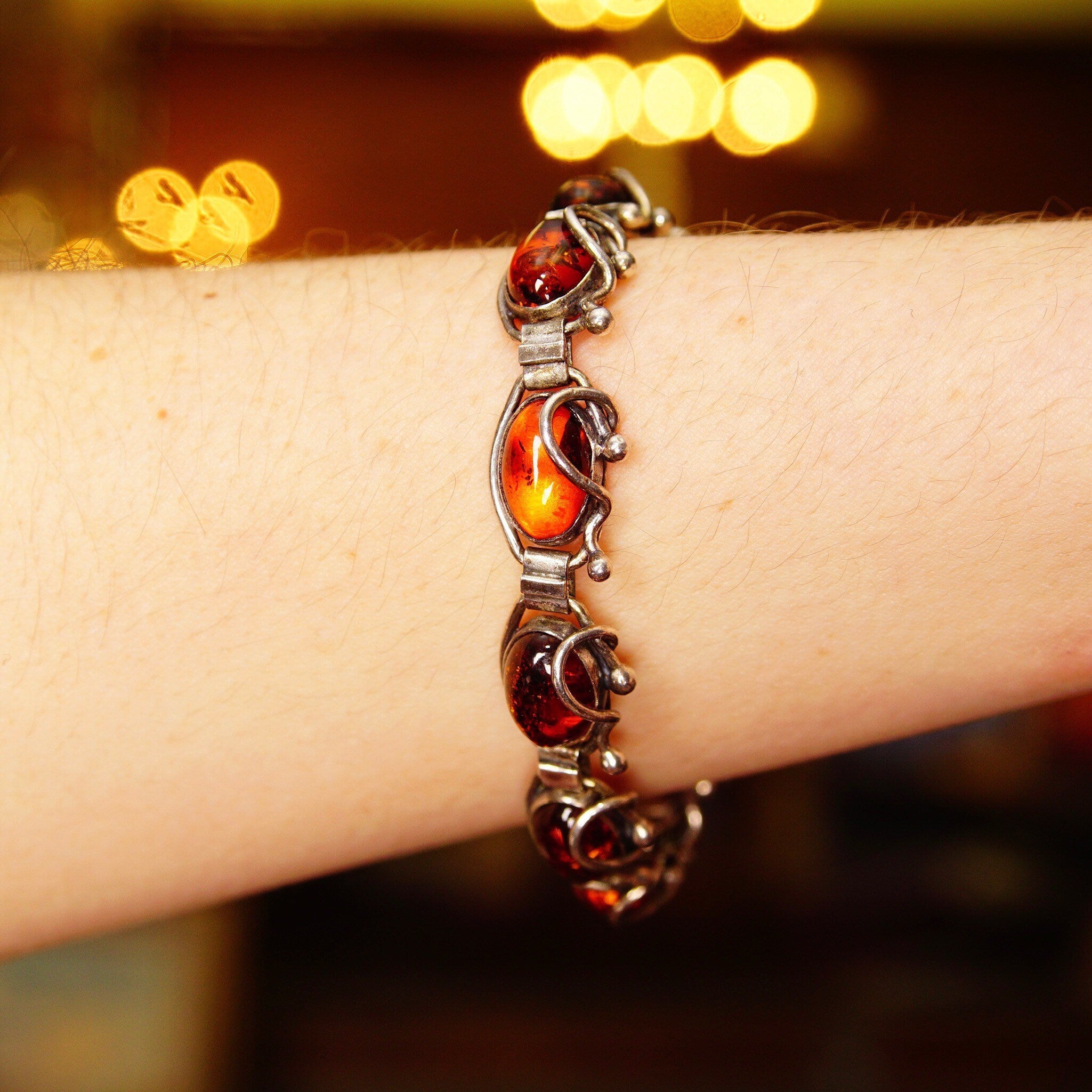Vintage Sterling Silver Amber Link Bracelet, 10 Gorgeous Amber Cabochons W/ Inclusions, Vine Embellishments, Bohemian 925 Jewelry, 7" L