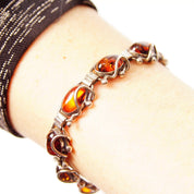 Vintage Sterling Silver Amber Link Bracelet, 10 Gorgeous Amber Cabochons W/ Inclusions, Vine Embellishments, Bohemian 925 Jewelry, 7" L