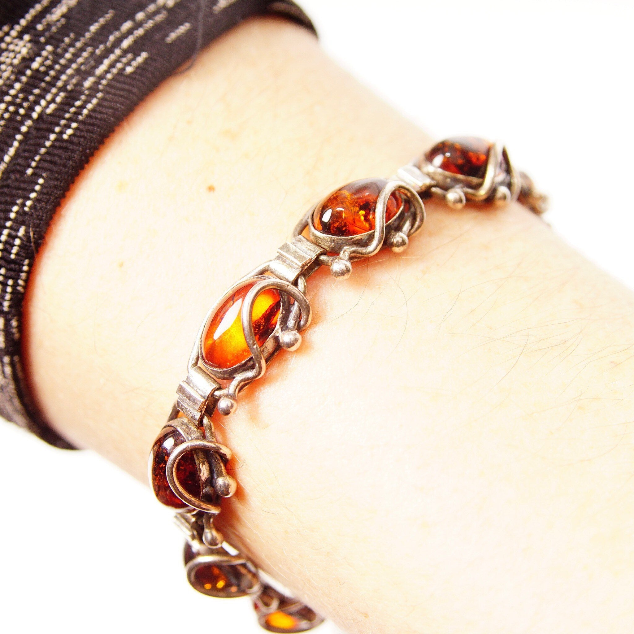 Vintage Sterling Silver Amber Link Bracelet, 10 Gorgeous Amber Cabochons W/ Inclusions, Vine Embellishments, Bohemian 925 Jewelry, 7" L