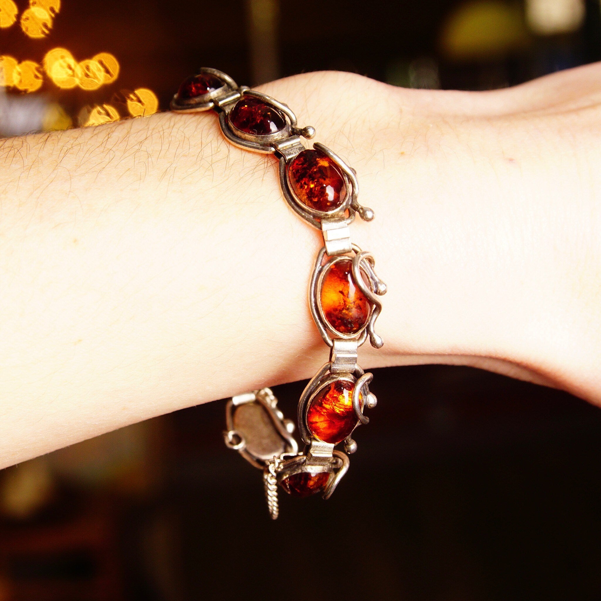 Vintage Sterling Silver Amber Link Bracelet, 10 Gorgeous Amber Cabochons W/ Inclusions, Vine Embellishments, Bohemian 925 Jewelry, 7" L