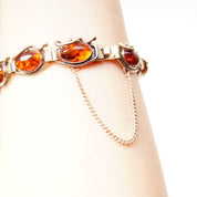Vintage Sterling Silver Amber Link Bracelet, 10 Gorgeous Amber Cabochons W/ Inclusions, Vine Embellishments, Bohemian 925 Jewelry, 7" L