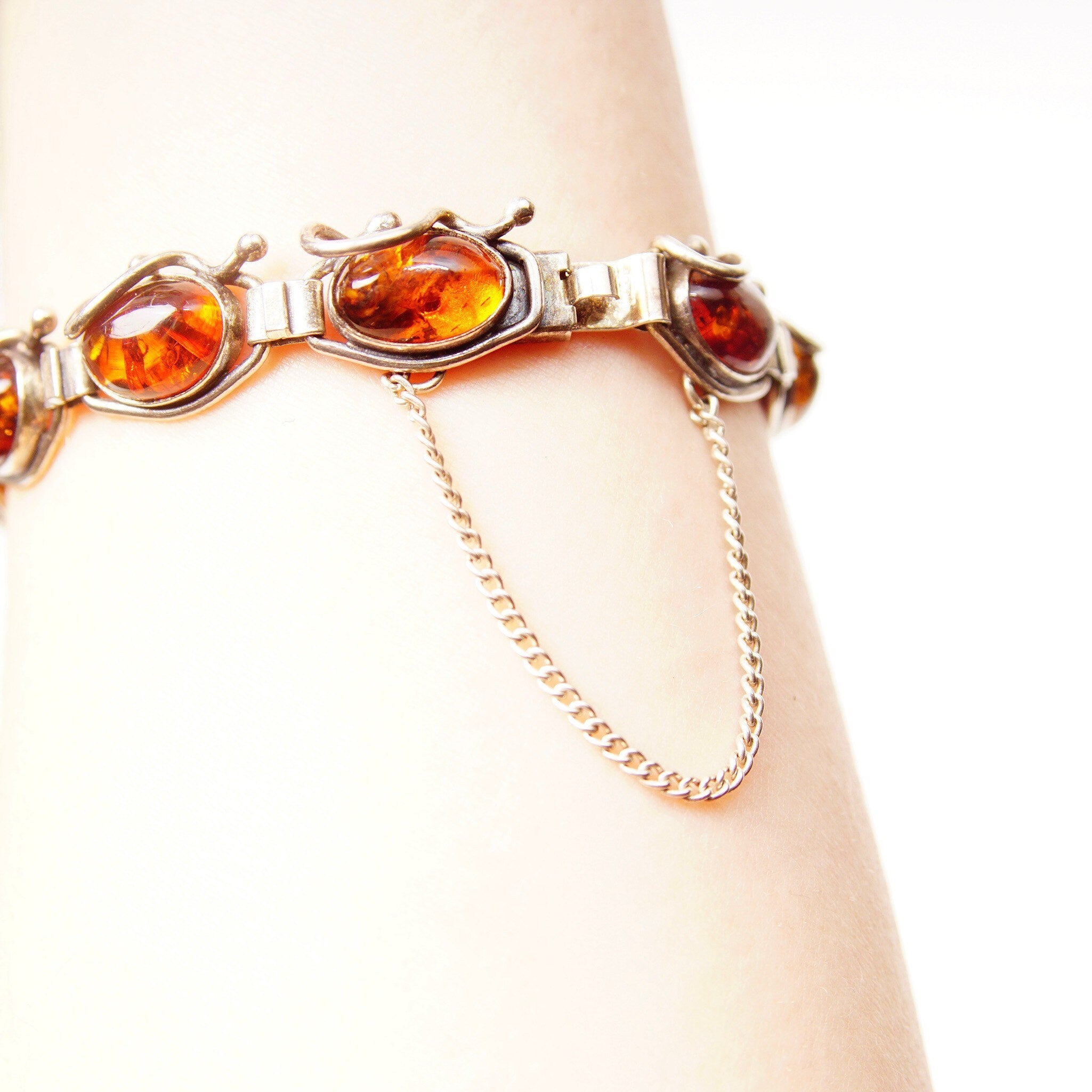 Vintage Sterling Silver Amber Link Bracelet, 10 Gorgeous Amber Cabochons W/ Inclusions, Vine Embellishments, Bohemian 925 Jewelry, 7" L
