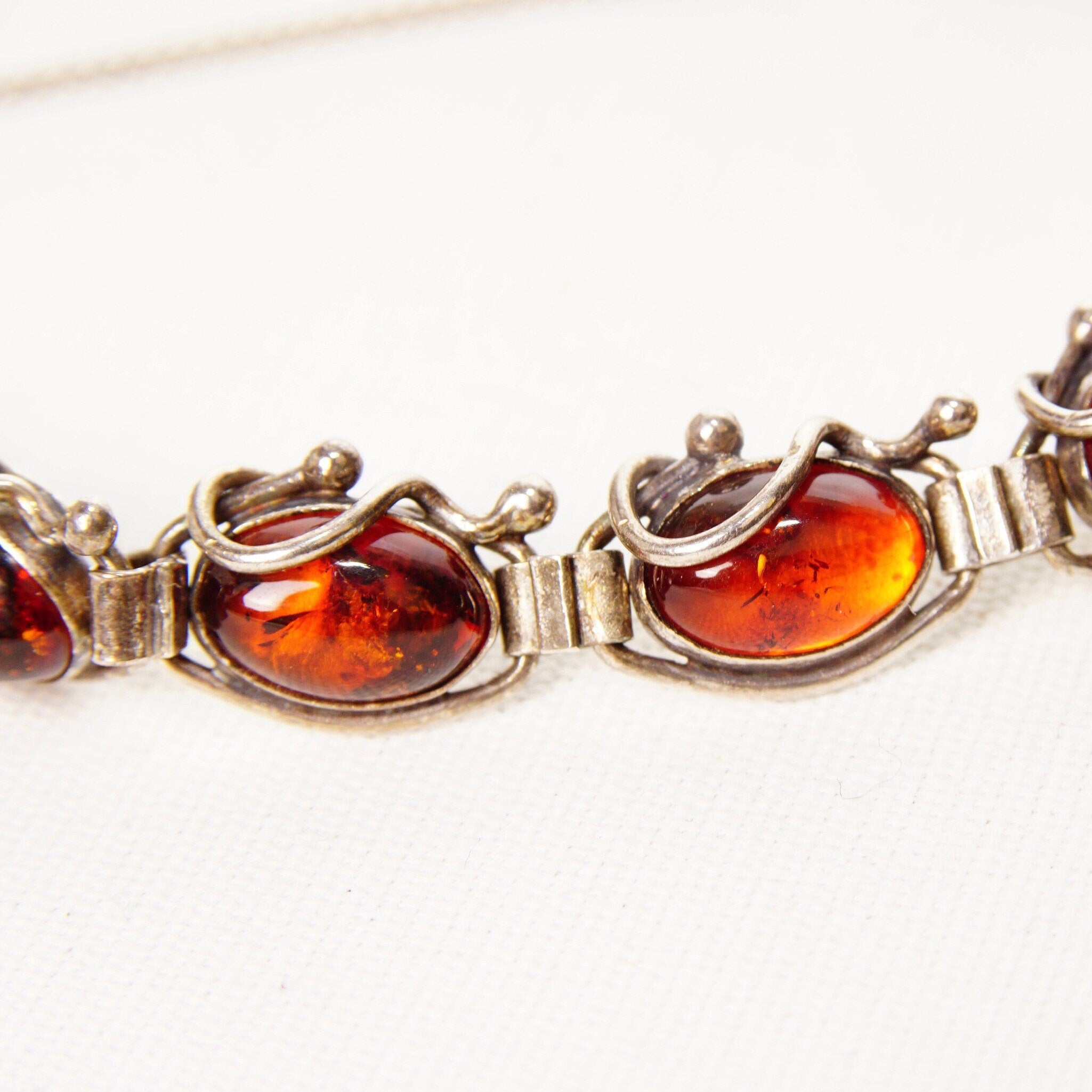 Vintage Sterling Silver Amber Link Bracelet, 10 Gorgeous Amber Cabochons W/ Inclusions, Vine Embellishments, Bohemian 925 Jewelry, 7" L