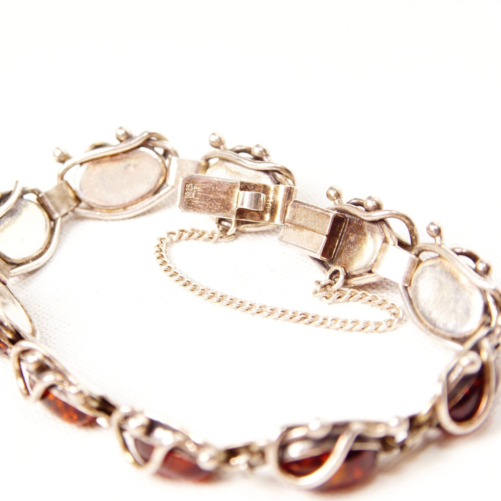 Vintage Sterling Silver Amber Link Bracelet, 10 Gorgeous Amber Cabochons W/ Inclusions, Vine Embellishments, Bohemian 925 Jewelry, 7" L