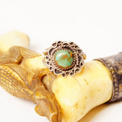 Vintage Signed Navajo E.J Little Sterling Silver Green Turquoise Cabochon Ring, Embellished Silver Setting, Split Prong Band, Size 10 US