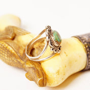 Vintage Signed Navajo E.J Little Sterling Silver Green Turquoise Cabochon Ring, Embellished Silver Setting, Split Prong Band, Size 10 US