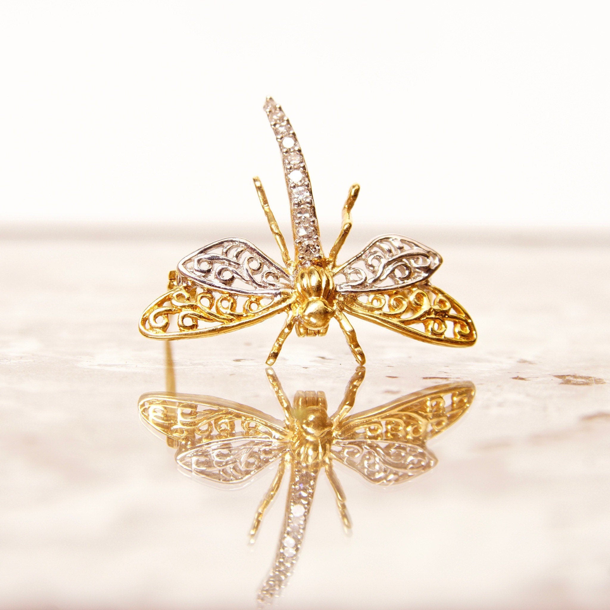 Vintage 14K White & Yellow Gold Diamond Dragonfly Brooch Pin, 10-Diamond Pave, Filigree Wings, Hinged Necklace Loops, 585 Jewelry, 1 1/8" W