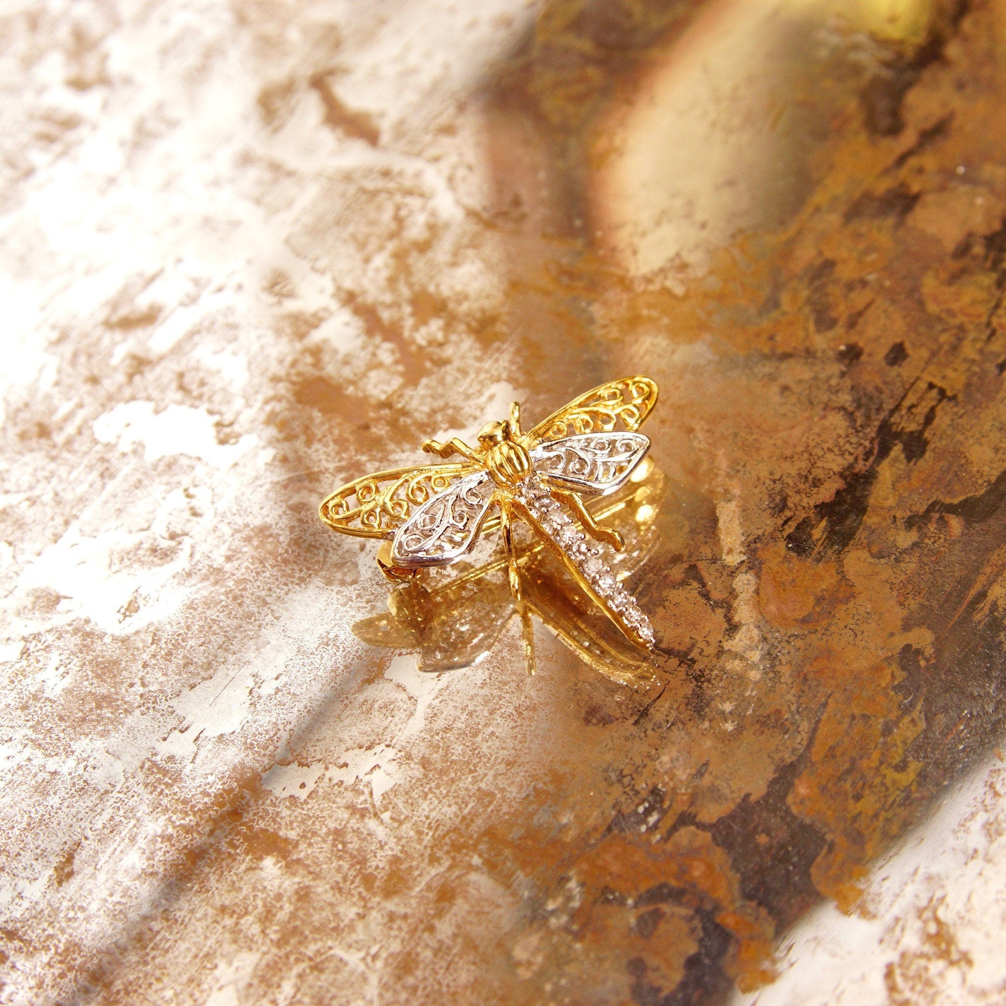 Vintage 14K White & Yellow Gold Diamond Dragonfly Brooch Pin, 10-Diamond Pave, Filigree Wings, Hinged Necklace Loops, 585 Jewelry, 1 1/8" W