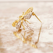 Vintage 14K White & Yellow Gold Diamond Dragonfly Brooch Pin, 10-Diamond Pave, Filigree Wings, Hinged Necklace Loops, 585 Jewelry, 1 1/8" W