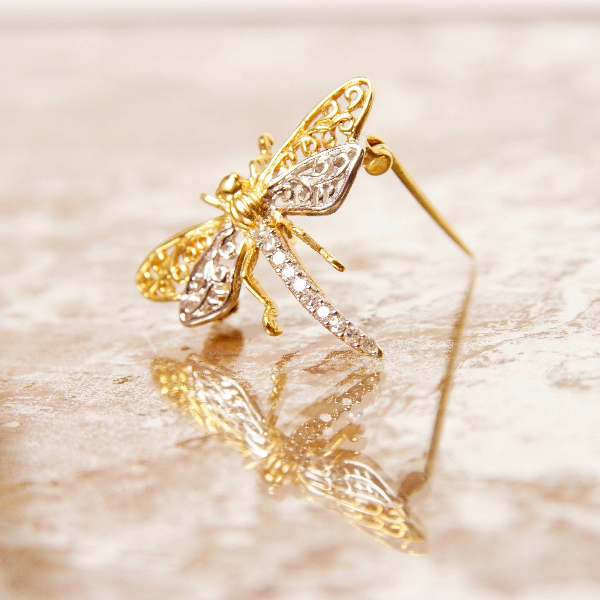 Vintage 14K White & Yellow Gold Diamond Dragonfly Brooch Pin, 10-Diamond Pave, Filigree Wings, Hinged Necklace Loops, 585 Jewelry, 1 1/8" W