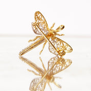 Vintage 14K White & Yellow Gold Diamond Dragonfly Brooch Pin, 10-Diamond Pave, Filigree Wings, Hinged Necklace Loops, 585 Jewelry, 1 1/8" W