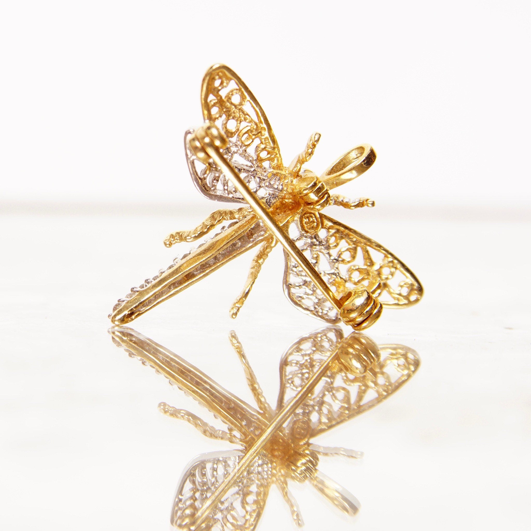 Vintage 14K White & Yellow Gold Diamond Dragonfly Brooch Pin, 10-Diamond Pave, Filigree Wings, Hinged Necklace Loops, 585 Jewelry, 1 1/8" W