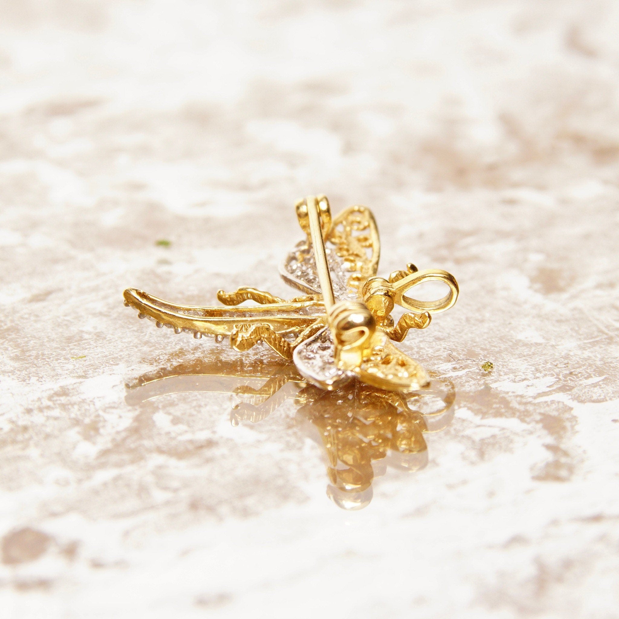 Vintage 14K White & Yellow Gold Diamond Dragonfly Brooch Pin, 10-Diamond Pave, Filigree Wings, Hinged Necklace Loops, 585 Jewelry, 1 1/8" W