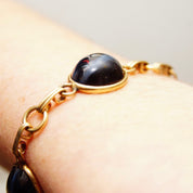 Vintage Art Deco 10K GF Black/Blue Cat's Eye Cabochon Link Bracelet, Chatoyant Glass Gemstones, Yellow Gold Links, Scarab Style, 7 3/4" L